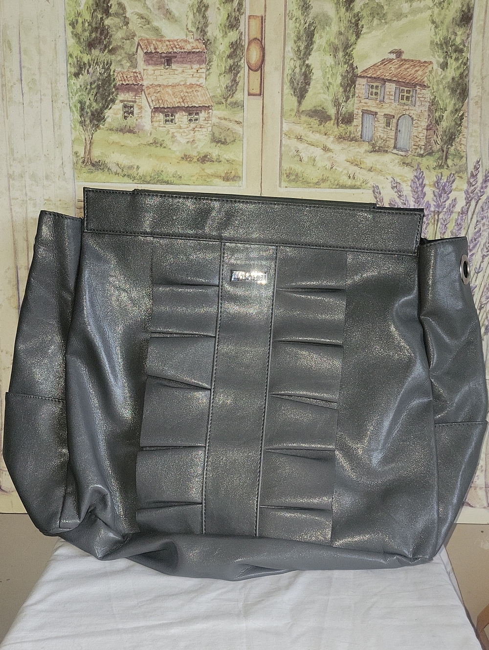 Miche Donna Prima Base Shell Grey Pleated Tuxedo Ruffle Large Tote Handbag
